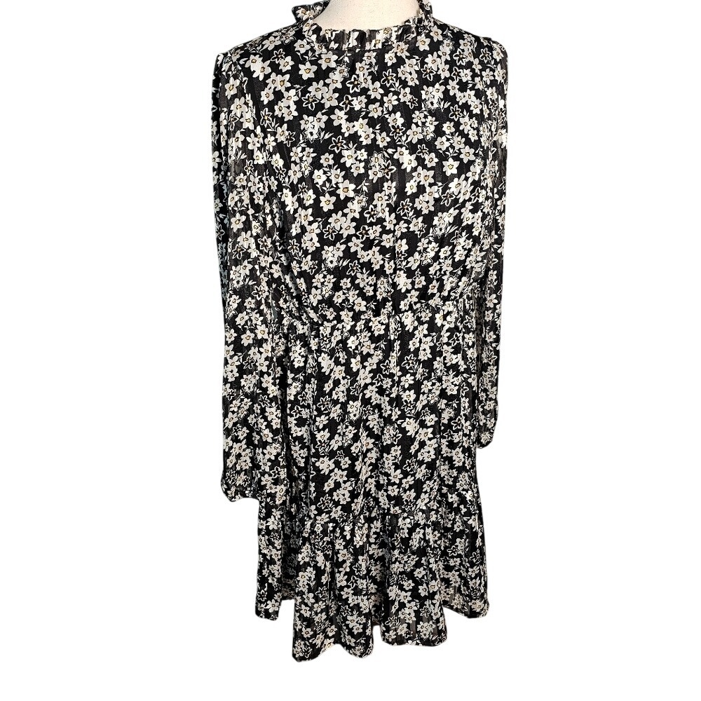 Lascana Floral Black and White Floral Print Sheer Sleeve Lined Dress Size 8